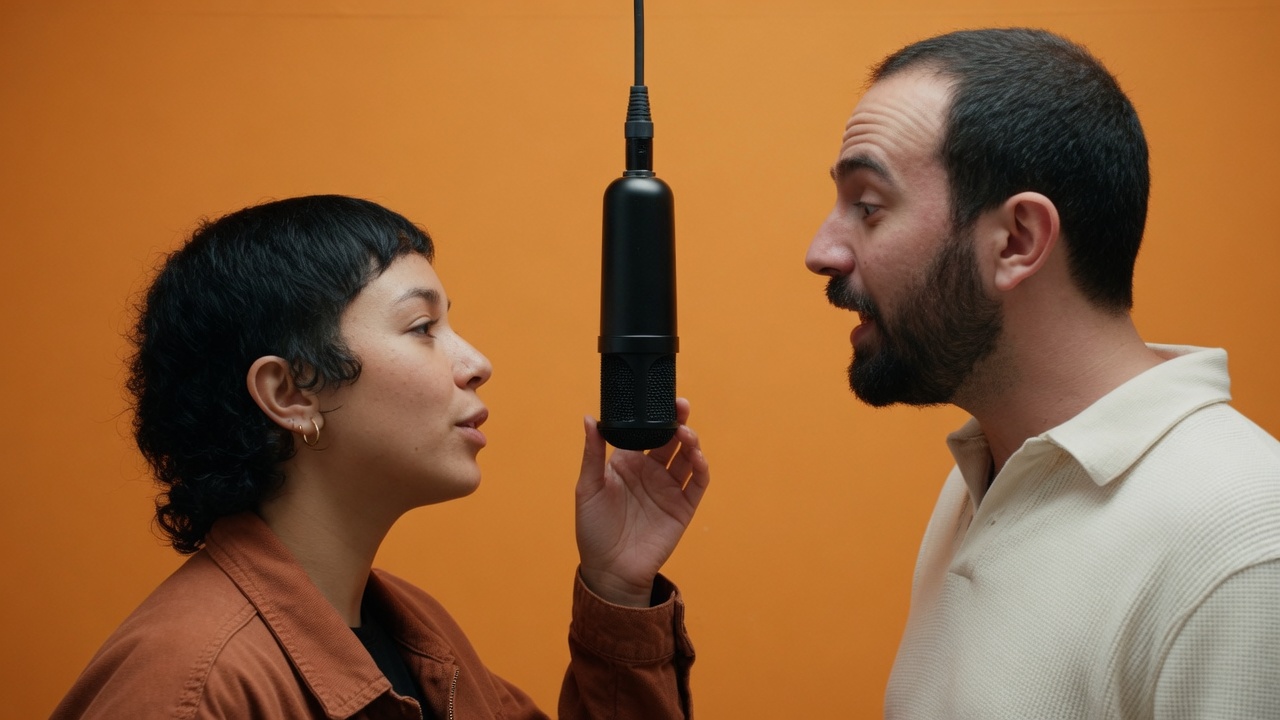 A closer view of the same fictional pair, one hand lifted to the hanging microphone