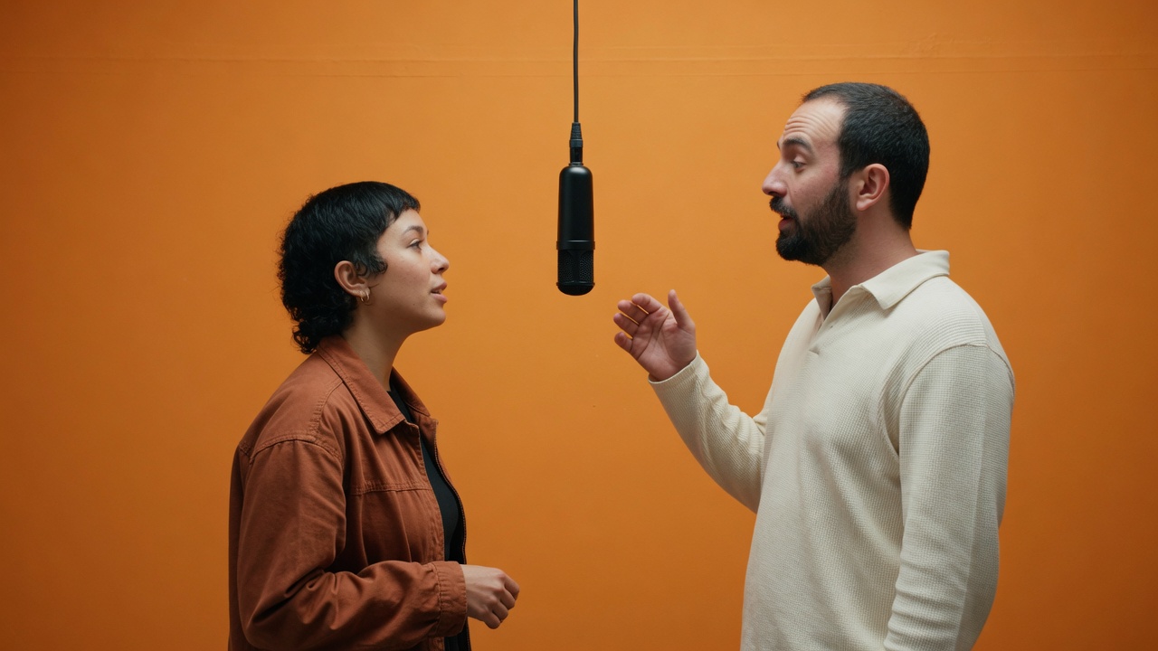 Two fictional adults share a hanging microphone against an orange studio wall