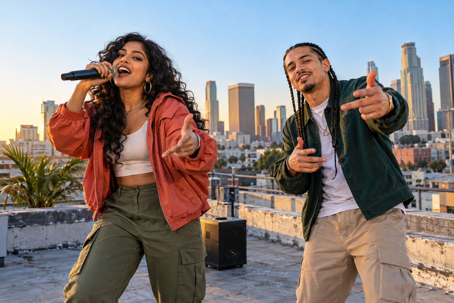 Two fictional adult performers rapping on a rooftop